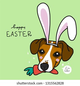 Jack Russell dog wearing rabbit ear and carrot in month for Easter cartoon vector illustration