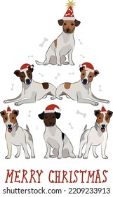 Jack Russell dogs wearing winter hats. Cute funny dogs. Character design. Abstract Christmas tree. Vector illustration. Merry Christmas greeting card with cute funny dogs. Terrier poster.