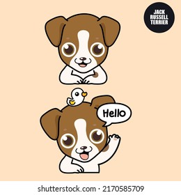 Jack Russell en acción de saludo. Diseño de caricaturas lindas en 2D de estilo plano. 