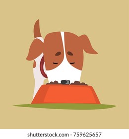 El cachorro Jack russell comiendo comida de perro, linda y graciosa ilustración de un vector terrible