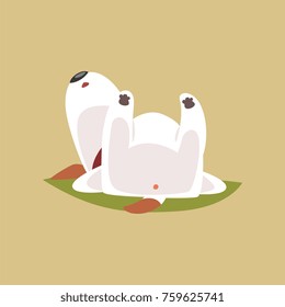 Jack russell puppy character sleeping on his back, cute funny terrier vector illustration