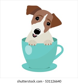 Jack Russell Terrier in blue teacup, illustration, set for baby fashion