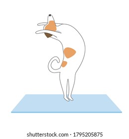 Jack russell terrier character, dog doing yoga, asana, prayer on a mat or rug. Outline, flat vector stock illustration with dog isolated on white background as the end of religion, prayer, yoga