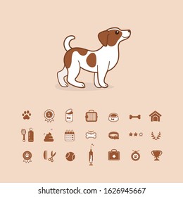 Jack Russell Terrier. Cute dog character with icon set. Vector illustration in cartoon style for poster, postcard. 