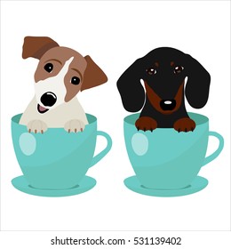 Jack Russell Terrier and Dachshund dog in blue teacup, illustration, set for baby fashion