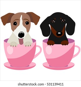 Jack Russell Terrier and Dachshund dog in pink teacup, illustration, set for baby fashion