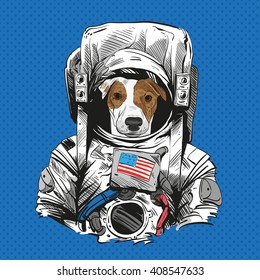 Jack Russell Terrier dog in astronaut suit. Hand drawn vector illustration