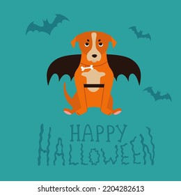 Jack Russell Terrier dog with black bat wings Halloween costume vector illustration for card design with lettering phrase - Happy Halloween