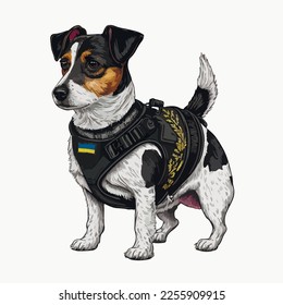 Jack Russell Terrier, dog patron in body armor,body armor have ukrainian flag,vector graphics