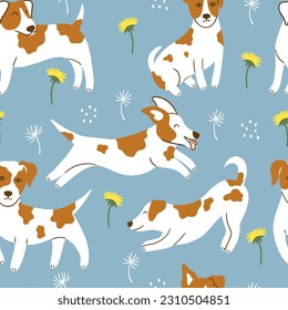 Jack Russell Terrier dog seamless pattern. It can be used for apparel, wallpaper, and nursery. Vector background. 