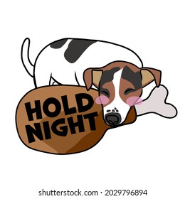 Jack Russell Terrier dog sleeping on big chicken leg hold night cartoon vector illustration