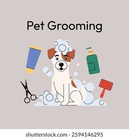 Jack Russell Terrier grooming. A cheerful dog sits surrounded by grooming tools like scissors, shampoo, and a hairdryer. Clean and modern design, ideal for pet salons. Vector illustration