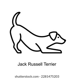 Jack Russell Terrier icon. Purebred dog laying down. Domestic playful puppy, sign in minimalist style. Editable strokes, thin line, for label, pet shop, dog nutrition.