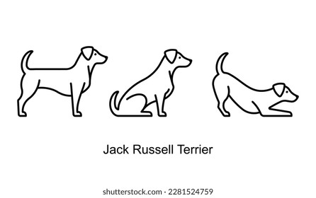 Jack Russell Terrier icon set. Dog different poses - standing, laying down, sitting. Purebred terrier, signs in minimalist style. Editable strokes, thin line. For label, pet shop, dog nutrition