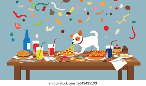 Um Jack Russell Terrier em uma festa com muita comida na mesa