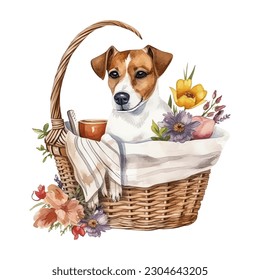 Jack Russell Terrier in Picnic Basket with Flowers Watercolor Vector Illustration