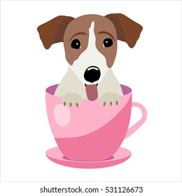 Jack Russell Terrier in pink teacup, illustration, set for baby fashion