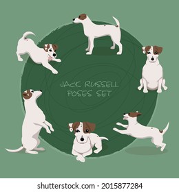 Jack russell terrier posa con saltar, jugar, sentarse, estar de pie, mentir y mendigar perro. Ilustraciones vectoriales para el embalaje, pegatinas o diseño de afiches.