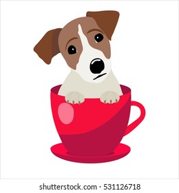 Jack Russell Terrier in red teacup, illustration, set for baby fashion
