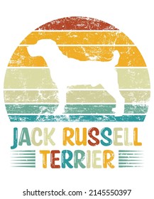 Jack Russell Terrier Retro Vintage Sunset plantilla de diseño de camisetas, Terrier a bordo, Car Window Sticker, POD, cubierta, fondo blanco aislado, regalo de silueta de perro blanco para Jack Russell Terrier Lover