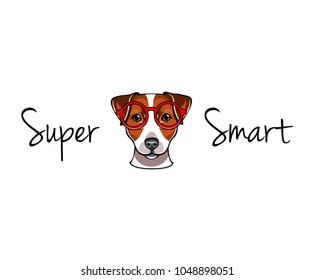 Jack Russell Terrier in smart red eyeglasses. Dog geek. Super smart lettering. Vector illustration.