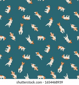 С ute jack russell terriers. Patrón con perros durmientes en diferentes poses. Ilustración de dibujos animados