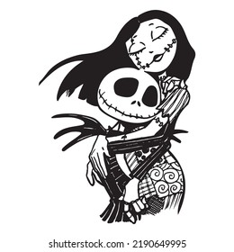 Jack and Sally. Black Silhouette. Vector Illustration. hugs