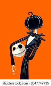 Jack Skellington with a pumpkin instead of a head, cartoon hero, cartoon character, skeleton, in a blue tailcoat, orange background. Vector.