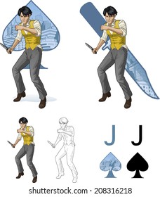 Jack of spades asian brawling man retro styled comics card character set of illustrations with black lineart
