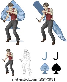 Jack of spades brawling man retro styled comics card character set of illustrations with black lineart