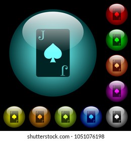 Jack of spades card icons in color illuminated spherical glass buttons on black background. Can be used to black or dark templates