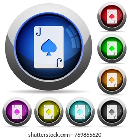 Jack of spades card icons in round glossy buttons with steel frames