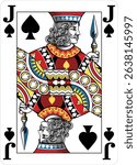 Jack of Spades design from a new original deck of playing cards. Four pip left handed version with identifier in all four corners.