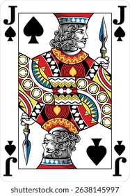 Jack of Spades design from a new original deck of playing cards. Four pip left handed version with identifier in all four corners.