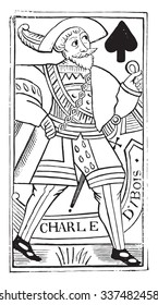 Jack of Spades, el viejo mapa francés Charles Dubois, del siglo XVI (Biblioteca Nacional en París, impresiones práctica), ilustración vintage grabada. Enciclopedia industrial E.-O. Lami - 1875.