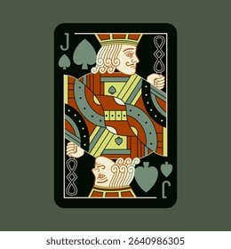 Jack of Spades, playing poker card in black design. Isolated vector illustration. Editable stroke lines.