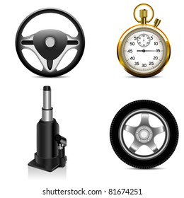 jack, steering wheel,  car wheel and stop watch