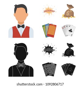 Jack sweat, a bag with money won, cards for playing Bingo, playing cards. Casino and gambling set collection icons in cartoon,black style vector symbol stock illustration web.
