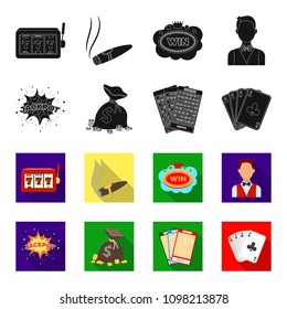 Jack sweat, a bag with money won, cards for playing Bingo, playing cards. Casino and gambling set collection icons in black,flet style vector symbol stock illustration web.