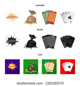 Jack sweat, a bag with money won, cards for playing Bingo, playing cards. Casino and gambling set collection icons in cartoon,black,flat style vector symbol stock illustration web.