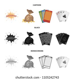 Jack sweat, a bag with money won, cards for playing Bingo, playing cards. Casino and gambling set collection icons in cartoon,black,monochrome style vector symbol stock illustration web.