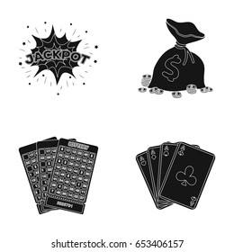 Jack sweat, a bag with money won, cards for playing Bingo, playing cards. Casino and gambling set collection icons in black style vector symbol stock illustration web.