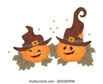 Jack o’Lantern. Witches hat. Pumpkin leaves and flower. Autumn decorative design, Halloween. Isolated vector colorful element on a white background.
