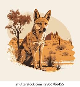 Jackal Sitting in the desert Vector Art Illustration and Graphic