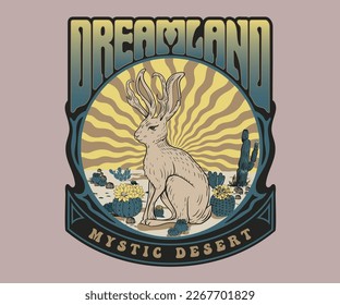 Jackalope auf Wüstenvektorgrafik, traumhafte Kaktus-Landschaftszeichnung, Retro-Vintage-Grafik für Frauen, westliche Wüstenlandschaftszeichnung 