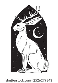 Jackalope Hase mit Hörnern Folklore Zaubertier über Nacht Himmel mit Halbmond handgezeichnete Linie Kunst Gothic Tattoo Design einzelne Vektorgrafik