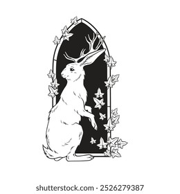 Jackalope Hase mit Hörnern Folklore Zaubertier über gotischen Bogen mit Gift Efeu handgezeichnete Linie Kunst gotische Tattoo Design einzelne Vektorgrafik