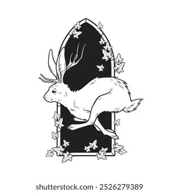 Jackalope Hase mit Hörnern Folklore Zaubertier über gotischen Bogen mit Gift Efeu handgezeichnete Linie Kunst gotische Tattoo Design einzelne Vektorgrafik