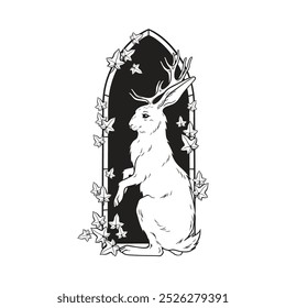 Lebre Jackalope com chifres folclore animal mágico sobre arco gótico com veneno hera mão desenhada linha arte tatuagem gótica design isolado vetor ilustração