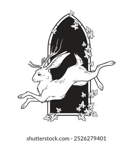 Jackalope Hase mit Hörnern Folklore Zaubertier über gotischen Bogen mit Gift Efeu handgezeichnete Linie Kunst gotische Tattoo Design einzelne Vektorgrafik